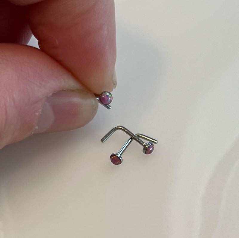 FifthCue 20G Synthetic Opal Set Flat Top PVD Over 316L Surgical Steel L bend Stud Nose Rings - Image 3